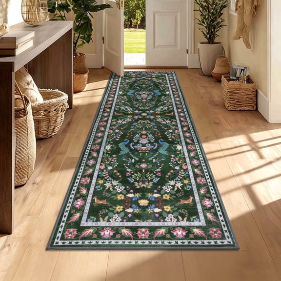 Ileading 2x6 Runner Rug for Hallway, Washable Kitchen Runner Rug with Non Slip Backing, Low Pile Soft Boho Floral Runner for Kitchen, Hallway, Entryway, Laundry, Bedroom