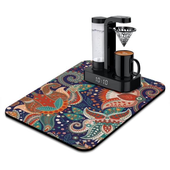 Floral Ethnic Paisley Dish Drying Mat, Colorful Vibrant Absorbent Coffee Bar Mat, Chic Retro Kitchen Counter Protector