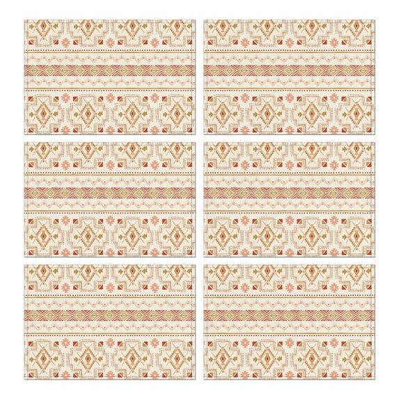 Floral Ethnic Style Flax Placemats Set of 6, 12x18 Inch Boho Tribal Folk Design, Washable Rustic Vintage Decor for Colorful Kitchen and Earthy Dining Table