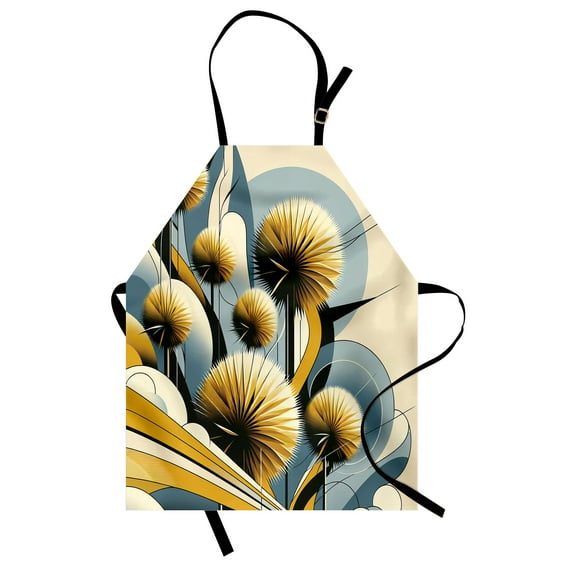 Floral Eucalyptus Apron, Summery Thistles in Retro Minimal Design Garden in Scandi, Unisex Kitchen Bib with Adjustable Neck for Cooking Gardening, Adult Size, Mustard Blue Grey Cream, by Ambesonne