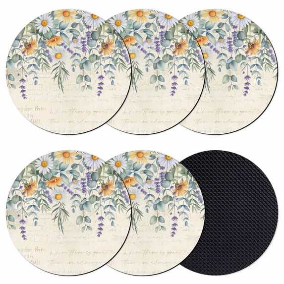 Floral Eucalyptus Leaves Coasters Set of 6, Absorbent Coasters for Drinks, Daisy Summer Botanical Pastoral Coaster for Desk Coffee Table Protection, Home Decor House Warming Gifts 4"