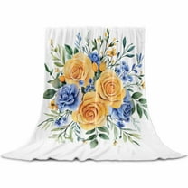 Floral Eucalyptus Leaves Flannel Blanket for Bed, Blue Yellow Garden Flowers Soft Cozy Warm Couch Throw Blanket, Lightweight Fluffy Plush Bedding Blankets for Sofa Decor All Season 30"x40"