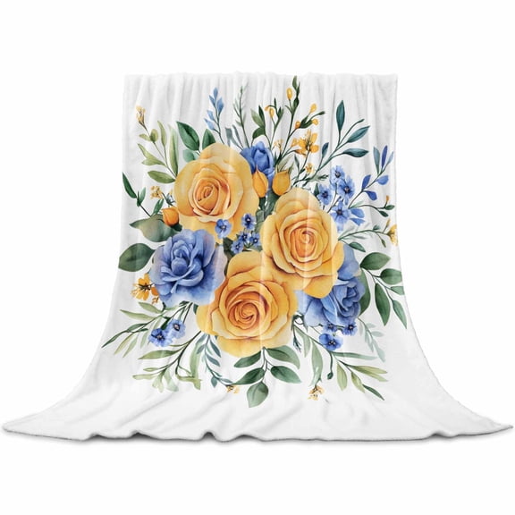 Floral Eucalyptus Leaves Flannel Blanket for Bed, Blue Yellow Garden Flowers Soft Cozy Warm Couch Throw Blanket, Lightweight Fluffy Plush Bedding Blankets for Sofa Decor All Season 30"x40"