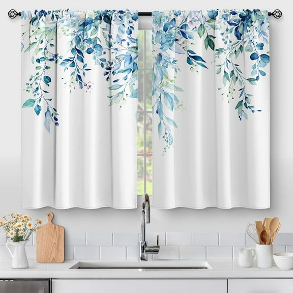 Floral Eucalyptus Leaves Kitchen Curtains - Rustic Country Botanical Plant Flowers Spring Short Cafe Tier Curtains Decor Watercolor Vintage Small Window Drapes 40 Inch Length 2 Panels 28"x40"