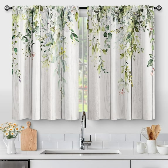 Floral Eucalyptus Leaves Kitchen Curtains - Rustic Country Botanical Plant Flowers Spring Short Cafe Tier Curtains Decor Watercolor Vintage Small Window Drapes 36 Inch Length 2 Panels 28"x36"