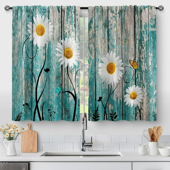 Flower Daisy Wood Kitchen Curtains - Wooden Rustic Retro Floral Farmhouse Spring Butterfly Plant Farm Short Cafe Tier Curtains Decor Rod Pocket Window Drapes 40 Inch Length 2 Panels 28"x40"