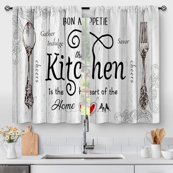 Farmhouse Rustic Kitchen Curtains - Fork and Spoon Retro Country Western Short Cafe Tier Window Curtains Vintage Wood Decor for Living Dining Room 40 inch Length Drapes 2 Panels 28"x40"