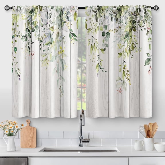 Floral Eucalyptus Leaves Kitchen Curtains - Rustic Country Botanical Plant Flowers Spring Small Short Cafe Tier Curtains for Bathroom Watercolor Vintage Window Drapes 24 Inch Length 2 Panels
