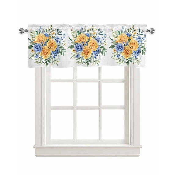 Floral Eucalyptus Leaves Kitchen Valances for Windows Farmhouse Linen Window Valance Curtain for Living Room Window Treatment Blue Yellow Garden Flowers Valance Rod Pocket Topper Drape, 42 x 18 Inch