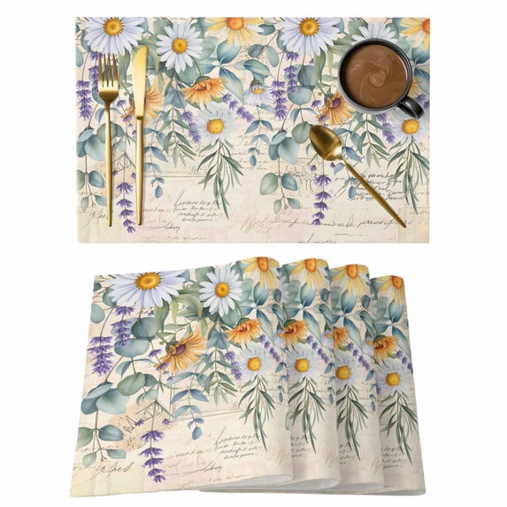 Floral Eucalyptus Leaves Placemats Set of 12, Daisy Summer Botanical Vintage Placemats for Dining Table, Place Mats for Kitchen Tabletop, Waterproof Wipeable Dining Table Mats Set