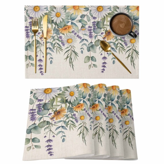 Floral Eucalyptus Leaves Placemats Set of 4, Daisy Summer Botanical Rustic Placemats for Dining Table, Place Mats for Kitchen Tabletop, Waterproof Wipeable Dining Table Mats Set