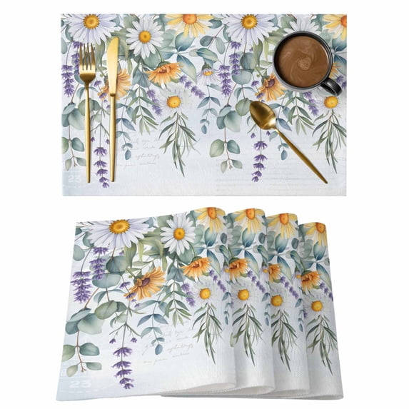 Floral Eucalyptus Leaves Placemats Set of 4, Daisy Summer Botanical Watercolor Placemats for Dining Table, Place Mats for Kitchen Tabletop, Waterproof Wipeable Dining Table Mats Set