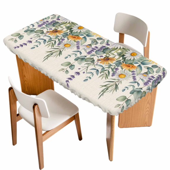 Floral Eucalyptus Leaves Table Cloths for 3 Foot Rectangle Tables, Daisy Summer Botanical Rustic Patio Waterproof Elastic Fitted Tablecloths, Washable Rectangular Table Cover for Camping
