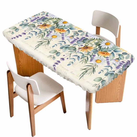 Floral Eucalyptus Leaves Table Cloths for 4 Foot Rectangle Tables, Daisy Summer Botanical Pastoral Patio Waterproof Elastic Fitted Tablecloths, Washable Rectangular Table Cover for Camping