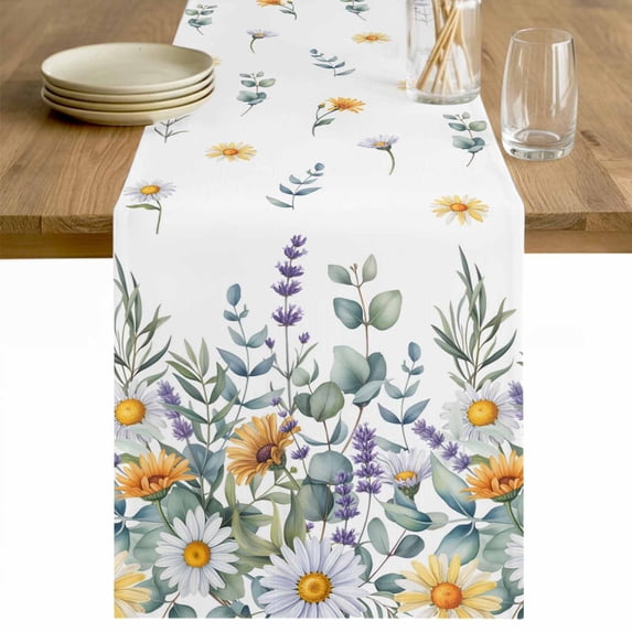 Floral Eucalyptus Leaves Table Runner - 70 Inch Long Summer Botanical Watercolor Daisy Cotton and Linen Blended Dress Scarves Farmhouse Table Runner for Kitchen Dining, Coffee Table, 13" x 70"