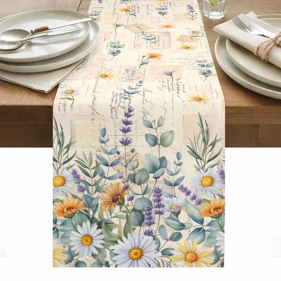 Floral Eucalyptus Leaves Table Runner - 72 Inch Long, Kitchen Dining Table Runner Dresser Scarves, Daisy Summer Botanical Vintage Farmhouse Decor for Coffee Tables Wedding Party Banquet
