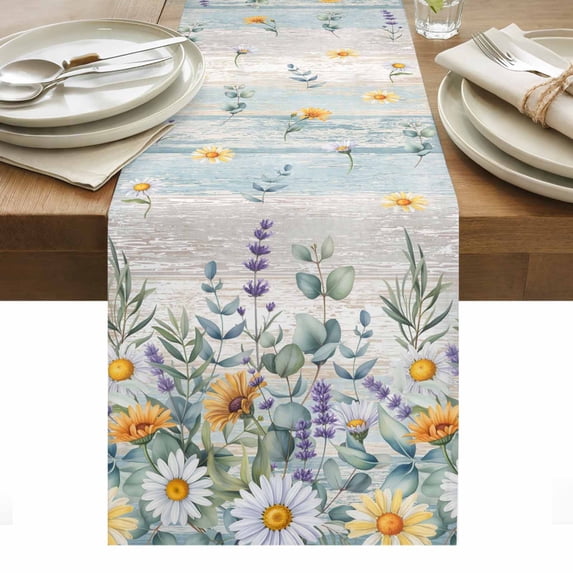 Floral Eucalyptus Leaves Table Runner - 90 Inch Long, Kitchen Dining Table Runner Dresser Scarves, Daisy Summer Botanical Wooden Farmhouse Decor for Coffee Tables Wedding Party Banquet