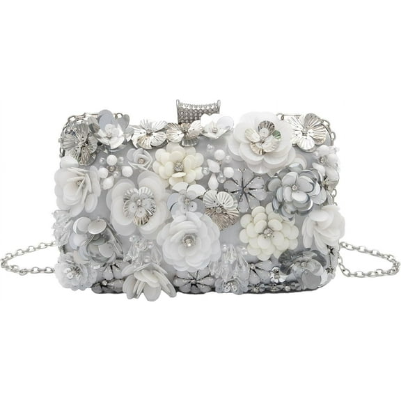 Floral Evening Bag for Women Beaded Clutch Purse with Sequins & Rhinestone Wedding Party Handbag with Chains