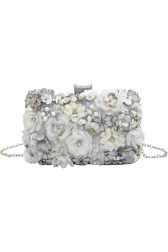 Floral Evening Bag for Women Beaded Clutch Purse with Sequins & Rhinestone Wedding Party Handbag with Chains