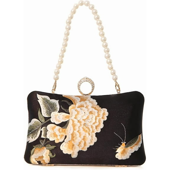 Floral Evening Bag for Women,Flower Evening Clutch Purse Elegant Banquet Handbag Bride Clutch Bag with Pearl Chain