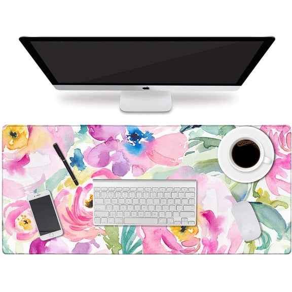 Floral Extended Desk Pad, Large Mouse Mat With Edge Stitching, 2 MM Thick Waterproof Computer Keyboard Mat, Non-Slip Rubber Base for Office