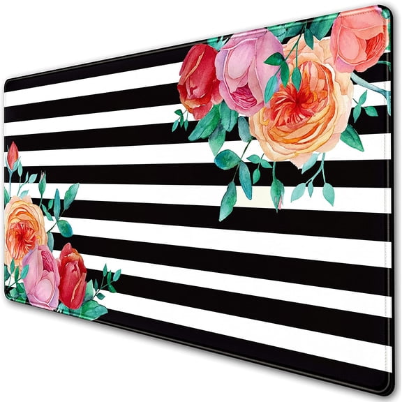 Floral Extended Gaming Mouse Pad Large Keyboard Mousepad Desktop Mat, Non-Slip Rubber Base with Stitched Edge XXL Black Large Desk Pad for Work/Office/Home 31.5x15.75 Inch, Beautiful Flower