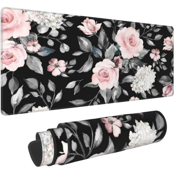 Floral Extended Gaming Mouse Pad Non-Slip Rubber Base Black Large Mousepad 31.5x11.8in with Stitched Edge Waterproof Flowers Pads Computer Black Desk Laptop Mats for Work/Game/Office/Home
