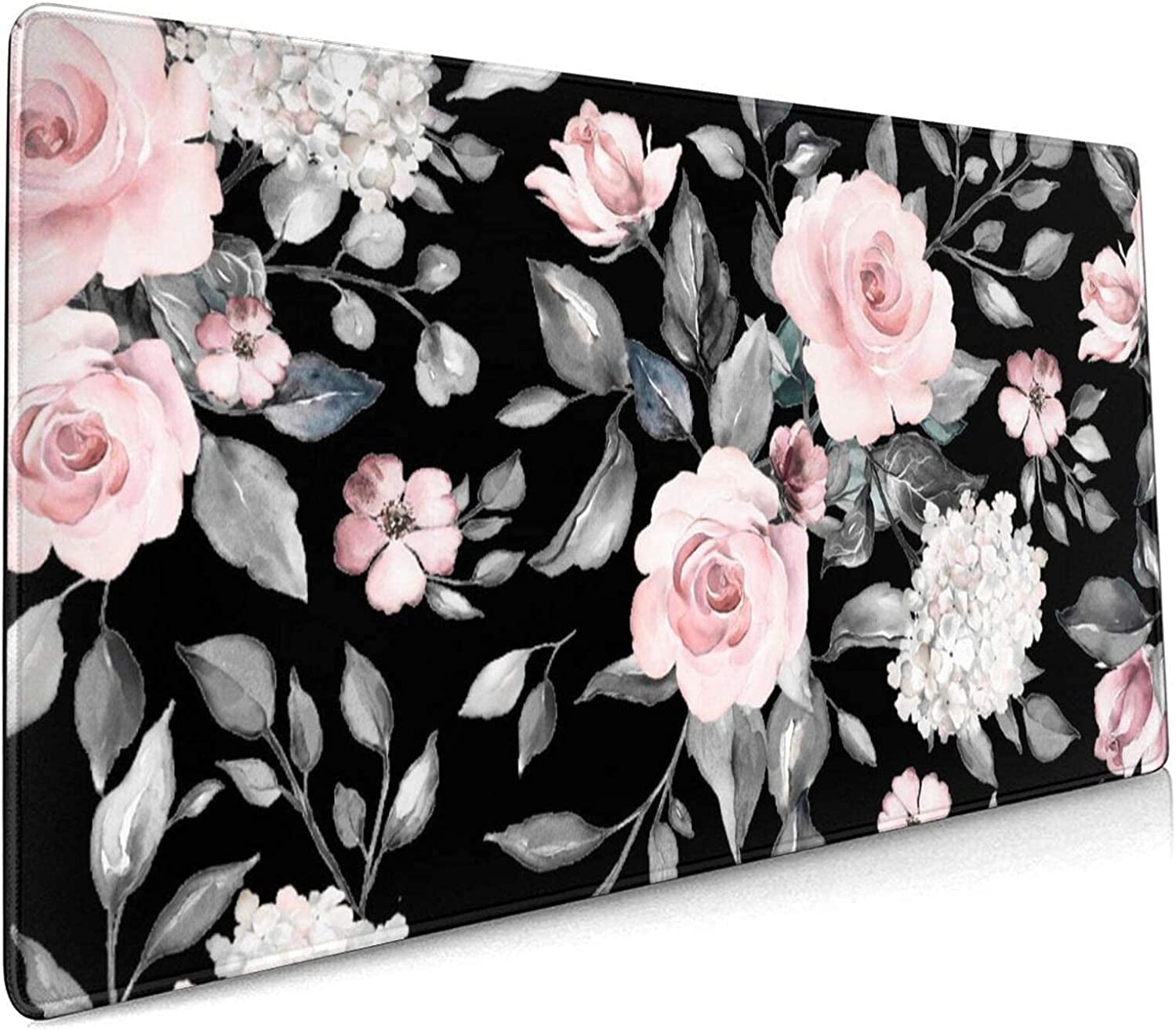 Floral Extended Gaming Mouse Pad Non-Slip Rubber Base Black Large Mousepad 35.4×15.7in with Stitched Edge Waterproof Pink Peony Flowers Pads Computer Black Desk Laptop Mats for Work/Game/Office/Home