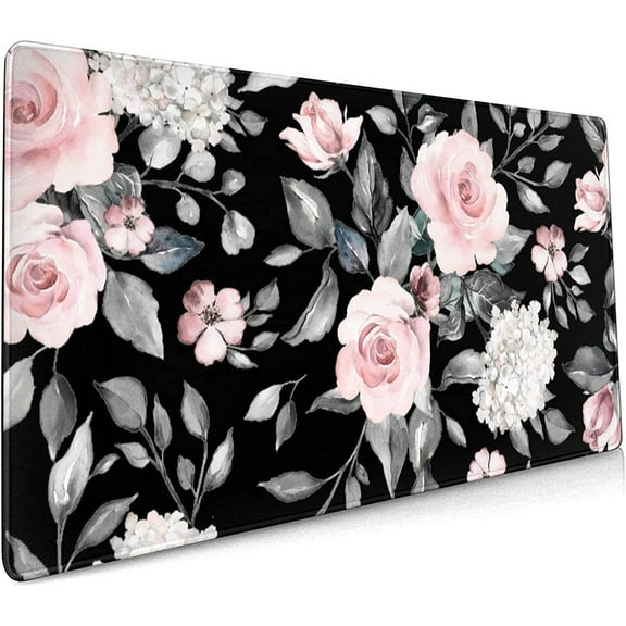 Floral Extended Gaming Mouse Pad Non-Slip Rubber Base Black Large Mousepad 35.4×15.7in with Stitched Edge Waterproof Pink Peony Flowers Pads Computer Black Desk Laptop Mats for Work/Game/Office/Home