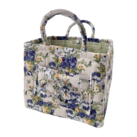 Floral Fabric Foldable Storage Basket, Large Capacity Quilted Organizer Bin with Reinforced Handles, Multipurpose Storage Tote for Home Laundry Sundries Car Interior and Picnic(Beige,33x27x26cm)