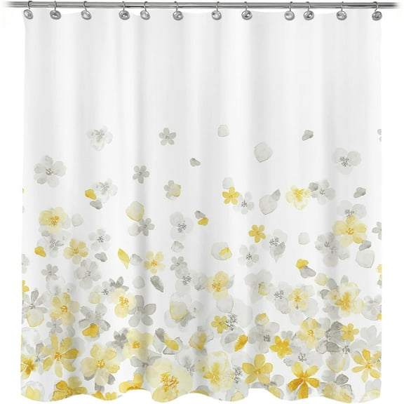 Floral Fabric Shower Curtain, Design Simple Style Yellow and Gray Flower Blossoms Shower Curtains for Bathroom Decor with White Background, Machine Washable 72"W x 72"L (Pack of 1)