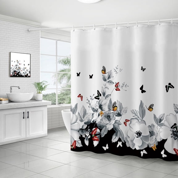 Floral Fabric Shower Curtain, Flower and Butterfly Design, Water Repellent Machine Washable, 72"x72"