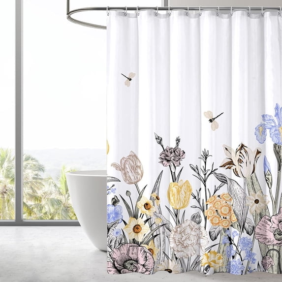 Floral Fabric Shower Curtain, Shower Curtain Bathroom, Waterproof Quick-Drying Polyester Fabric Bathroom Shower Curtain Set, Machine Washable 72" W x 72" L with Hooks