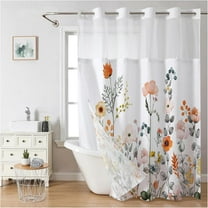 Floral Fabric Shower Curtain with Snap-in Liner, Plant Flowers Hookless Ployester Bath Curtain Farmhouse Leaves, Bathroom Decor Waterproof, 71x74 Inch