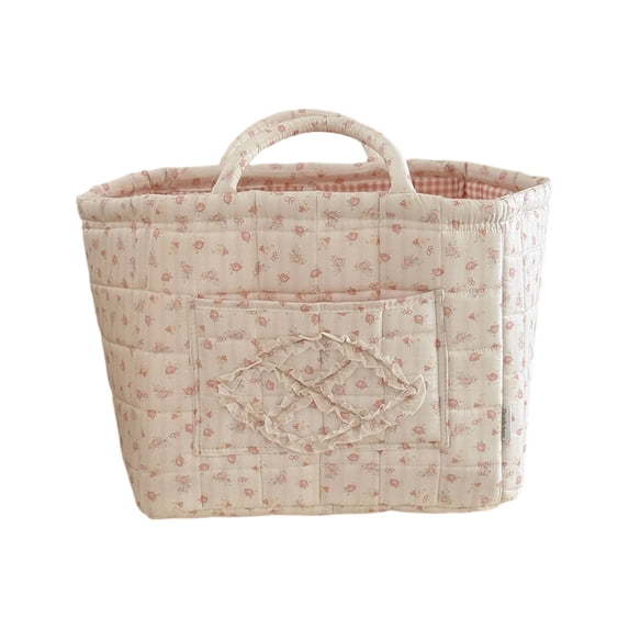Floral Fabric Storage Basket Desktop Cosmetics Organizer Sweet Rose Makeup Caddy Portable Handheld Storage Bin Large Capacity Polyester Box Style C