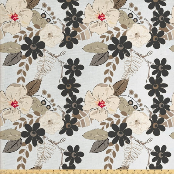 Ambesonne Floral Fabric by the Yard Upholstery, Exotic Tropical Petals, 10 Yards, Tan Ivory Seal Brown