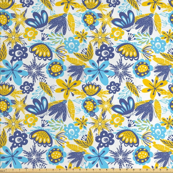 Floral Fabric by the Yard, Abstract Flowers Chrysanthemum Design and Tender Butterflies, Decorative Upholstery Fabric for Sofas and Home Accents, Earth Yellow Blue by Ambesonne