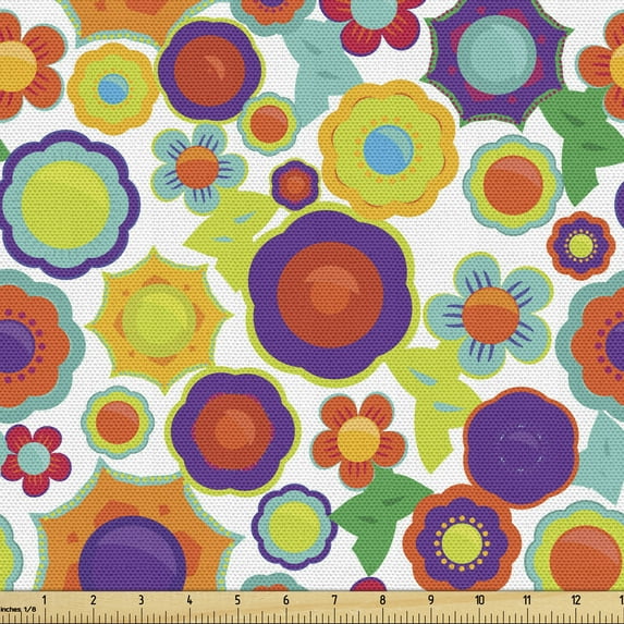 Ambesonne Floral Fabric by the Yard Upholstery, Funny Flower Cartoon Pattern, 2 Yards, Multicolor