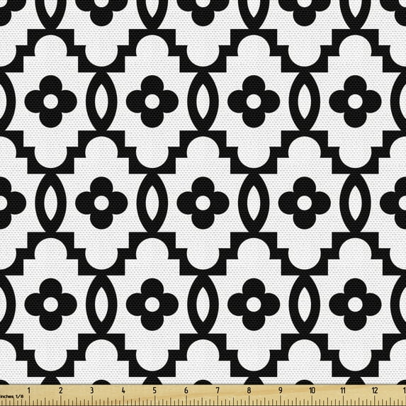 Floral Fabric by the Yard, Abstract Ornamental Vintage Design with Little Quatrefoil Petal Motifs, Upholstery Fabric for Dining Chairs Home Decor Accents, Charcoal Grey and White by Ambesonne