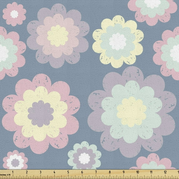 Floral Fabric by the Yard, Abstract Pattern of Grunge Flower Petals in Various Sizes, Decorative Upholstery Fabric for Sofas and Home Accents, Blue Grey and Multicolor by Ambesonne