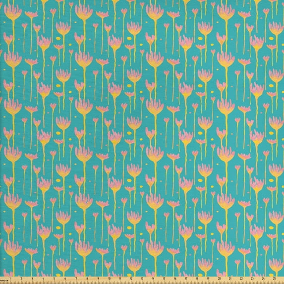 Ambesonne Floral Fabric by the Yard Upholstery, Watercolor Surrealistic Art, 2 Yards, Dark Seafoam Mustard