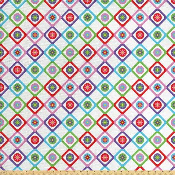 Ambesonne Floral Fabric by the Yard Upholstery, Squares with Flowers, 2 Yards, Multicolor