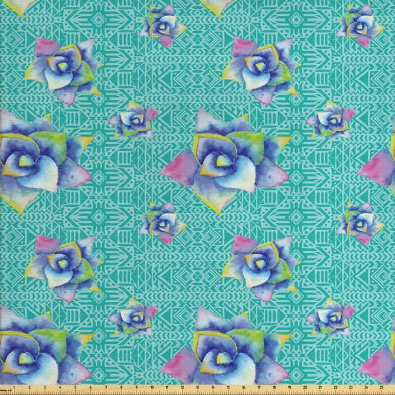 Floral Fabric by the Yard, Abstract Watercolor Look Rose Flowers on Motif Background, Decorative Upholstery Fabric for Sofas and Home Accents, Dark Seafoam Multicolor by Ambesonne