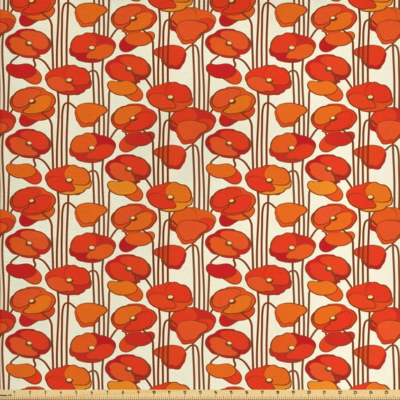 Ambesonne Floral Fabric by the Yard Upholstery, Poppies Retro Spring, 3 Yards, Orange and Ivory