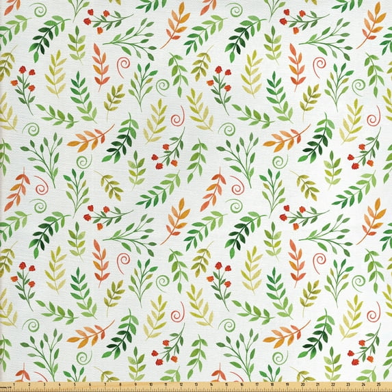 Floral Fabric by the Yard, Autumn Concept Gentle Leaves with Tiny Flowers Watercolor Brush Stroked Pattern, Decorative Upholstery Fabric for Sofas and Home Accents, Multicolor by Ambesonne