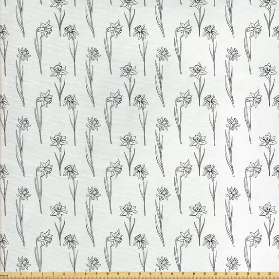 Ambesonne Floral Fabric by the Yard Upholstery, Narcissus Flowers Pattern, 5 Yards, Dark Grey and White