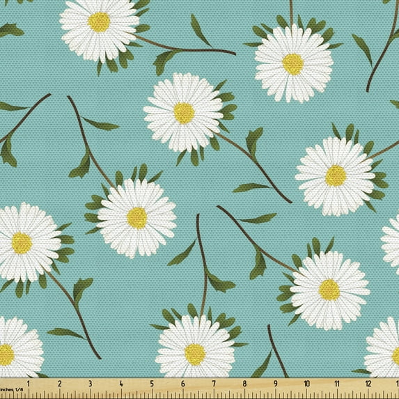 Ambesonne Floral Fabric by the Yard Upholstery, Blooming Asters and Leaves, 1 Yard, Seafoam Marigold White