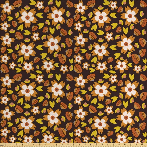 Floral Fabric by the Yard, Blooming Petals and Drooping Leaves Pattern in Retro Colors Autumn Nature Concept, Decorative Upholstery Fabric for Sofas and Home Accents, Multicolor by Ambesonne