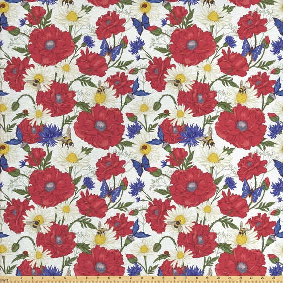 Ambesonne Floral Fabric by the Yard Upholstery, Blooming Red Poppies, 5 Yards, Multicolor