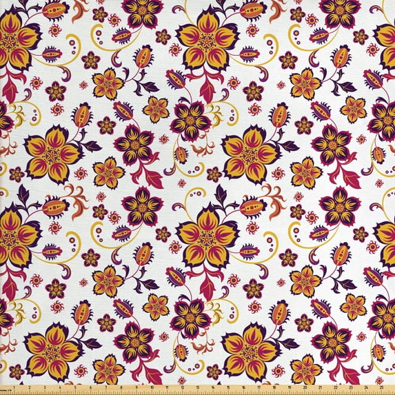 Ambesonne Floral Fabric by the Yard Upholstery, Blooming Flower Pattern, 10 Yards, Yellow Purple Magenta
